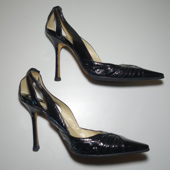 Jimmy Choo Black Stiletto Heels With Pointy Toe & Leather Ankle Strap, Sz 38 - Picture 7 of 12